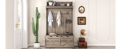 Oak Hall Tree Storage Desk with Drawers Hooks and Display Rack