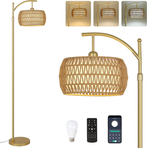 Gold Arc Floor Lamp with Remote and Stepless Dimmable LED Bulb