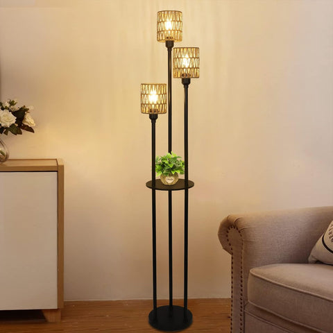 Boho Farmhouse Floor Lamp with Shelves and Rattan Shades Lighting