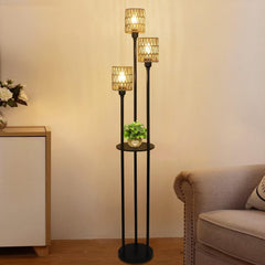 Boho Farmhouse Floor Lamp with Shelves and Rattan Shades Lighting