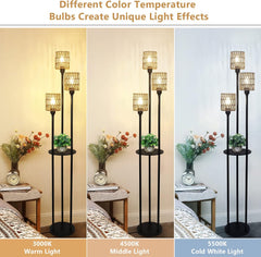 Boho Farmhouse Floor Lamp with Shelves and Rattan Shades Lighting