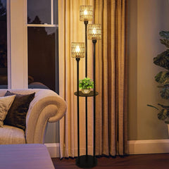 Boho Farmhouse Floor Lamp with Shelves and Rattan Shades Lighting