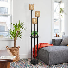Boho Farmhouse Floor Lamp with Shelves and Rattan Shades Lighting