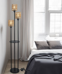 Boho Farmhouse Floor Lamp with Shelves and Rattan Shades Lighting