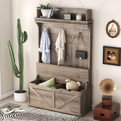 Oak Hall Tree Storage Desk with Drawers Hooks and Display Rack