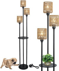 Boho Farmhouse Floor Lamp with Shelves and Rattan Shades Lighting