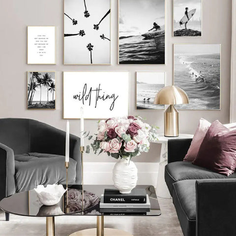 Black White Seaside Surfing Canvas Wall Poster Modern Frameless Art