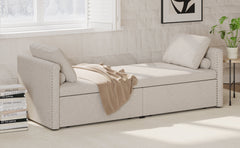 Modern cushioned lounge chair sofa bed with 2 drawers, small single sofa bed without mattress, linen, beige