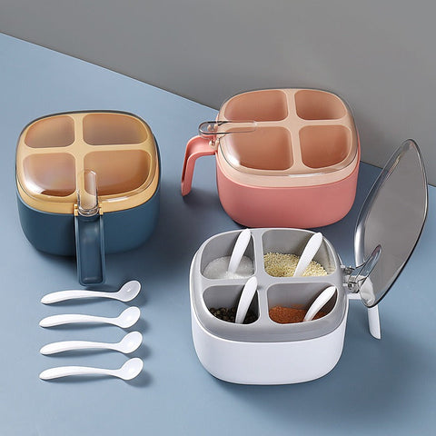 Press Type Four Grid Seasoning Box with Spoon and Transparent Lid