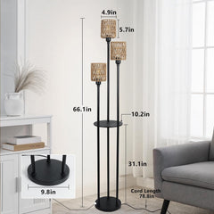 Boho Farmhouse Floor Lamp with Shelves and Rattan Shades Lighting