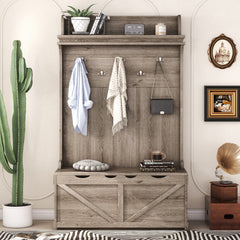 Oak Hall Tree Storage Desk with Drawers Hooks and Display Rack