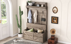 Oak Hall Tree Storage Desk with Drawers Hooks and Display Rack