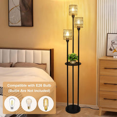 Boho Farmhouse Floor Lamp with Shelves and Rattan Shades Lighting