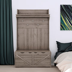 Oak Hall Tree Storage Desk with Drawers Hooks and Display Rack