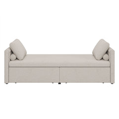 Modern cushioned lounge chair sofa bed with 2 drawers, small single sofa bed without mattress, linen, beige