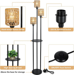 Boho Farmhouse Floor Lamp with Shelves and Rattan Shades Lighting