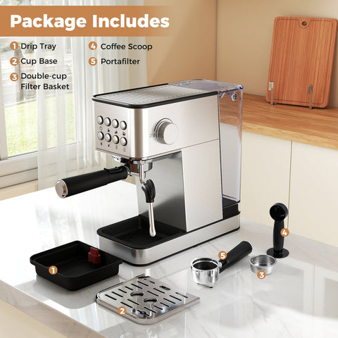 Espresso Machine 20 Bar Compact Stainless Steel Coffee Maker with Milk Frother-Silver