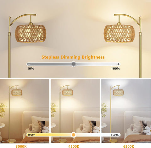 Gold Arc Floor Lamp with Remote and Stepless Dimmable LED Bulb