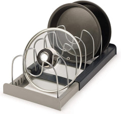 Telescopic Kitchen Storage Rack with Pot Lid Organizer and Drain Tray