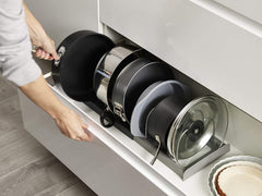 Telescopic Kitchen Storage Rack with Pot Lid Organizer and Drain Tray