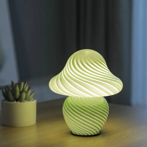 Vintage Mushroom LED Table Lamp with Striped Glass Bedroom Light Fixture