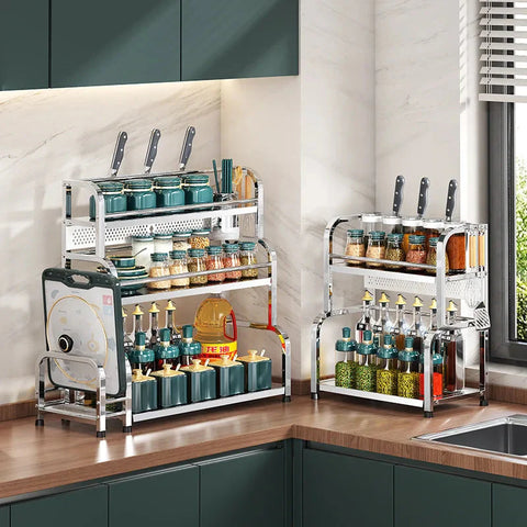 Stainless Steel Kitchen Storage Rack with Spice Jar and Knife Holder