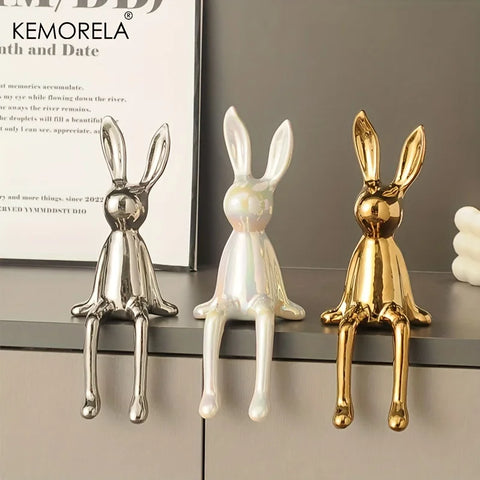 Ceramic Long-Eared Sitting Rabbit Statue Luxury Home Decor Ornament Accessory