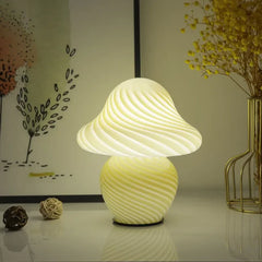 Vintage Mushroom LED Table Lamp with Striped Glass Bedroom Light Fixture