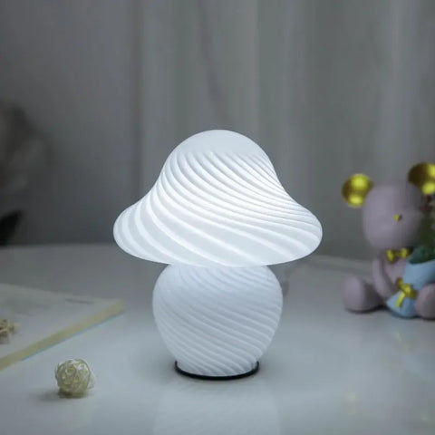 Vintage Mushroom LED Table Lamp with Striped Glass Bedroom Light Fixture