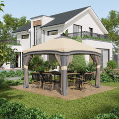 10x10 Pop Up Canopy, Netting, Foldable, Height Adjustable, Wheeled Carry Bag, 4 Sand Bags, Beige