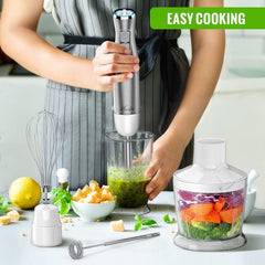 Hand Blender;  5 in 1 Multi-Purpose Immersion Blender set;  1100 watts 12 Adjustable Speed Stick Blender;  600ml Beaker;  500ml Food Processor Container;  Egg Whisk;  Milk Frother Attachments;  White