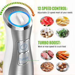 Hand Blender;  5 in 1 Multi-Purpose Immersion Blender set;  1100 watts 12 Adjustable Speed Stick Blender;  600ml Beaker;  500ml Food Processor Container;  Egg Whisk;  Milk Frother Attachments;  White